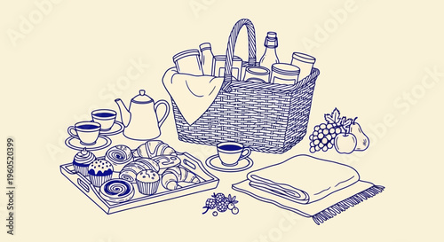 Hand-drawn picnic basket and tea set illustration: treats, tea, blanket, gifts - vector, food and drink