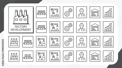 factory development icons, industry building and production elements, icon set, modern industry simple symbols, linear vector illustration, outline editable stroke