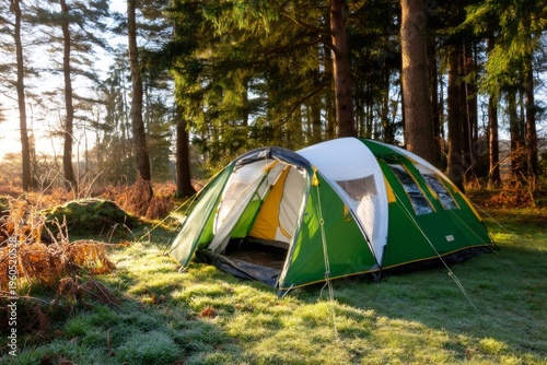 Wallpaper Mural Green Camping Tent in Pine Forest During Winter Dawn with Soft Lighting and Nature Surroundings Torontodigital.ca