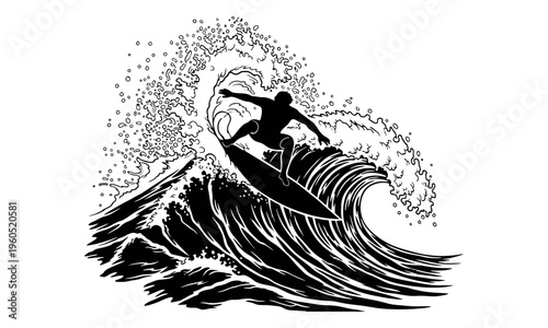 Silhouette of a surfer riding a huge ocean wave