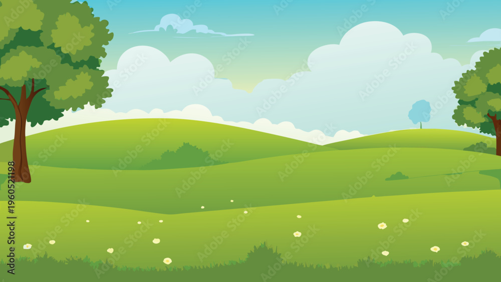 Fototapeta premium A vibrant cartoon landscape with rolling hills and fluffy clouds