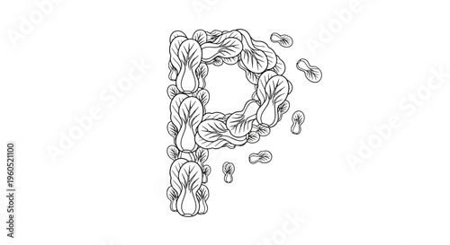 Elegant line art of the letter P artistically composed from fresh bok choy leaves, ideal for