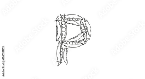 Artistic monochrome illustration of the letter P intricately composed from fresh pea pods a