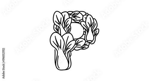 Stylized organic letter P formed by fresh green bok choy leaves, a healthy food alphabet design