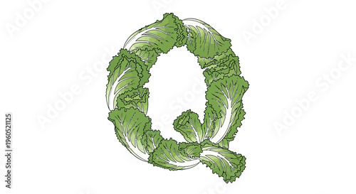 Vibrant green lettuce leaves intricately arranged to form the distinct uppercase letter Q on a