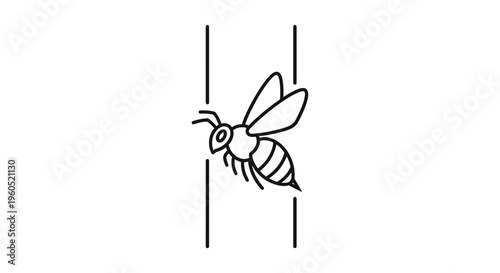 Minimalist black outline drawing of an industrious bee icon situated between two strong vertical