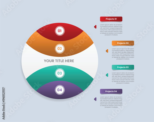 Circle base infographic with glossy gradient style with big circle with slice cut top and bottom with content circular around with four segment information