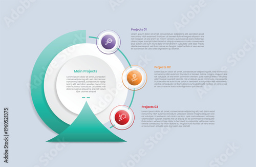 Circle base infographic with glossy gradient style with big circle layer with arrow shape and outline and circle badge sticky around with three segment information
