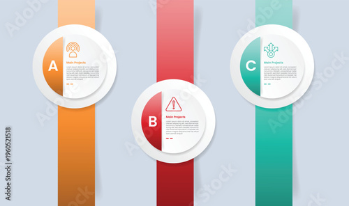 Circle base infographic with glossy gradient style with big circle layer with full vertical ribbon badge with three segment information