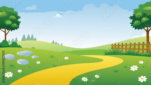 A vibrant cartoon landscape featuring a winding yellow pathway