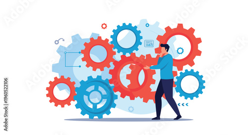Concept of problem solving and teamwork showing a man standing in front of a complex system of interlocking gears.