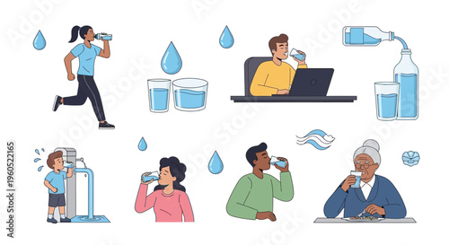 Diverse People Hydrating: Running, Working, Elderly, Children Drinking Water