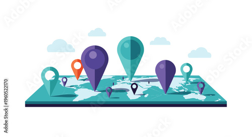 World map showing various locations with colorful map pins or markers representing global reach and navigation.