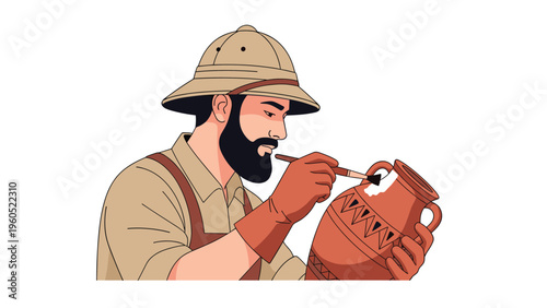 Archaeologist in a pith helmet and gloves carefully uses a brush to paint intricate patterns on a large clay vase.