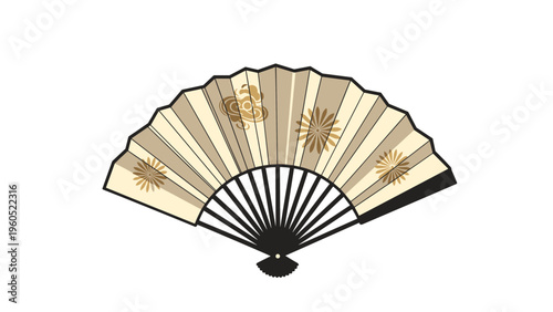 Elegant traditional japanese folding fan decorated with golden floral motifs and patterns on a cream-colored paper.