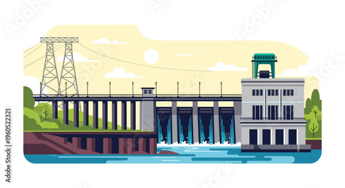 Large hydroelectric dam facility generating renewable energy with water flowing through the spillways on a sunny day.