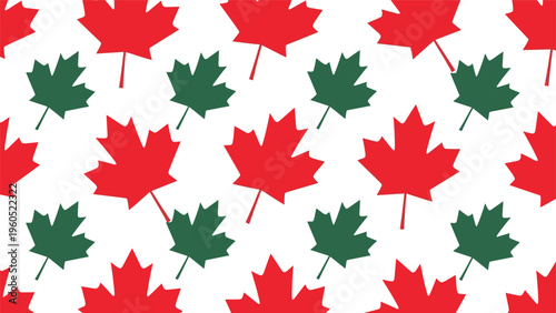 Seamless pattern of red and dark green maple leaves arranged on a plain white background for autumn and fall season themes.