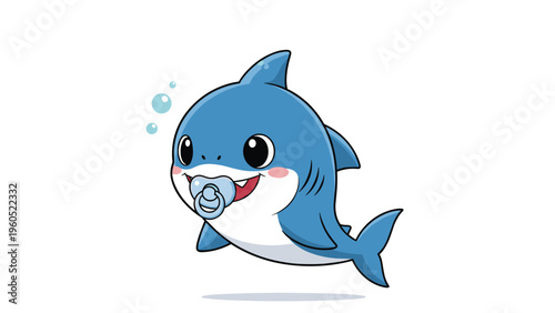 Adorable cartoon baby shark with a blue pacifier and rosy cheeks swimming happily in the deep blue ocean water on white.
