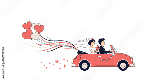 Romantic illustration of a newlywed couple in a red convertible car with heart-shaped balloons trailing behind them.