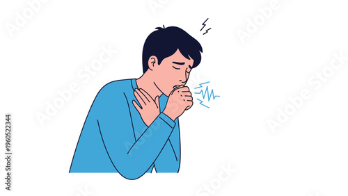 Character illustration of a young man coughing into his hand with symbols indicating illness and physical throat discomfort.