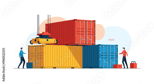 Logistics workers managing colorful shipping containers at a busy commercial port using heavy machinery for transport.