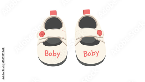Pair of cute white baby shoes with pink straps and the word baby printed on them for newborn infants and young toddlers.