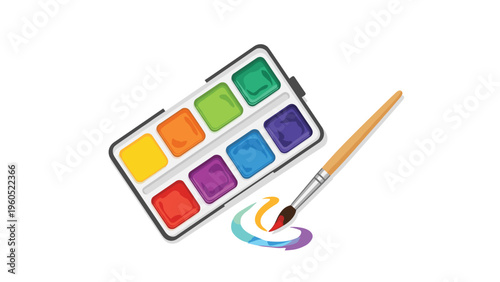 Watercolor paint set with various bright colors in a palette and a paintbrush dipped in red paint on a clean white surface.