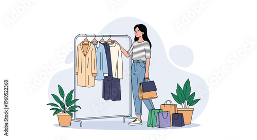 Young woman choosing clothes from a fashion rack and holding several shopping bags in a stylish clothing store.