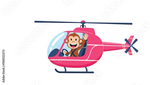 Happy cartoon monkey waving while flying a pink helicopter with a glass cockpit across a clean and minimal white background.