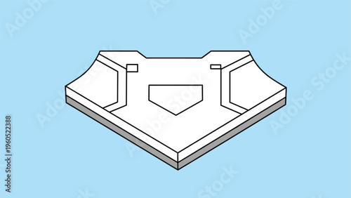 Isometric view of a clean white home plate used in professional baseball and softball games on a light blue background.