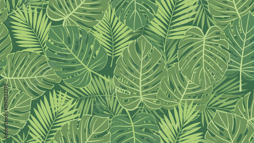 Dense seamless pattern of various green tropical leaves including monstera and palm fronds in deep forest and lime shades.