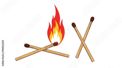 Group of wooden matchsticks with one being lit to produce a bright orange flame while others remain unspent and ready.