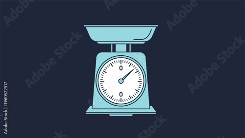 Retro-style analog kitchen scale in a light blue color, featuring a clear circular weight dial on a dark background.