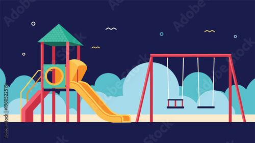 Deserted children playground at night featuring a yellow slide and a swing set under a dark blue sky with abstract shapes.