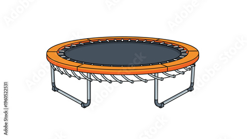 Large circular trampoline with a black jumping mat and a bright orange safety pad supported by sturdy metallic legs.