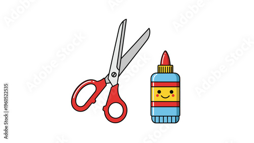 Essential school supplies including a pair of red-handled scissors and a cute bottle of glue with a smiling face on it.