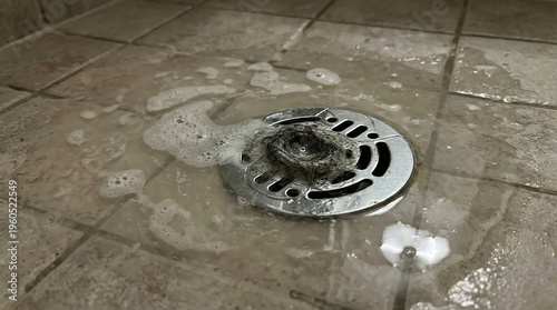 A drain is clogged with hair and soap scum