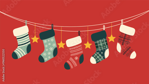 Festive holiday decoration showing five colorful Christmas stockings with various patterns hanging from a white string.