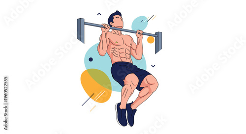 Strong muscular man performing pull ups on a bar against a dynamic background with colorful geometric shapes for fitness motivation.