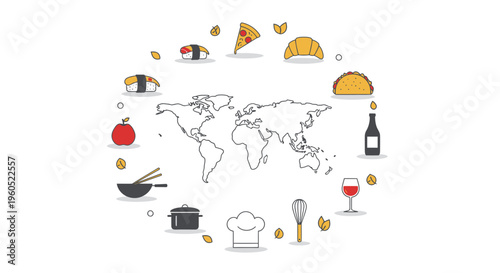 Global Food Map: Diverse Cuisine Icons Surrounding World Map Illustration