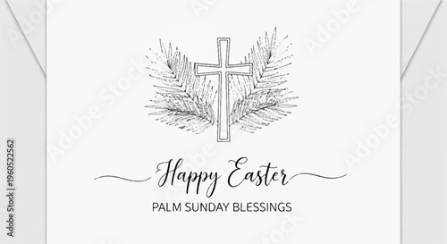 Easter cross with wings and happy easter text on a white background with spring blessings