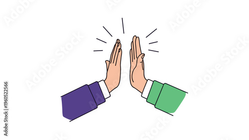 Two people in formal attire celebrating success by performing an enthusiastic high five gesture with outstretched palms.