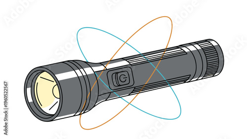 Modern black flashlight emitting light while surrounded by glowing orbital lines, representing advanced optical technology.