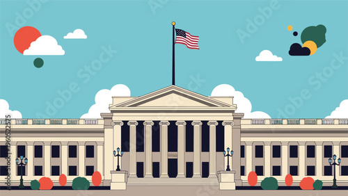 Grand government building with neoclassical columns and an American flag waving proudly under a bright blue sky.