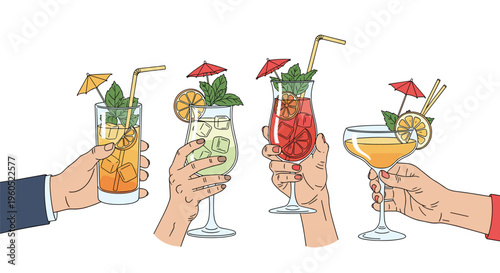 Four diverse hands holding up various colorful cocktails and drinks in a celebratory toast for social gatherings and parties.