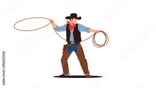 Rugged cowboy wearing a wide-brimmed hat and vest while skillfully twirling a long rope lasso on a plain background.