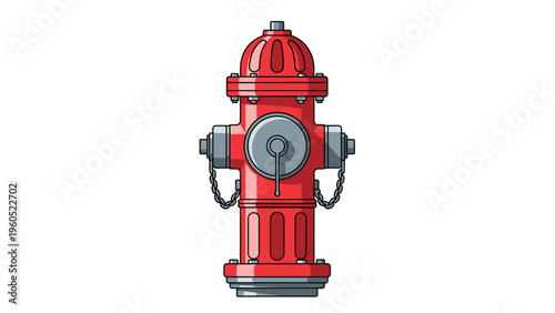 Traditional red fire hydrant with metallic details and side chains, essential for emergency firefighting services.