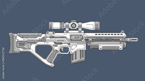 High-tech futuristic sniper rifle with a white and grey body, equipped with a large telescopic scope for precision.