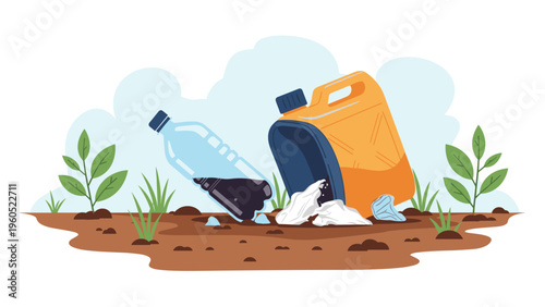 Environmental pollution scene showing discarded plastic bottles and an orange chemical jug left on the brown earth.