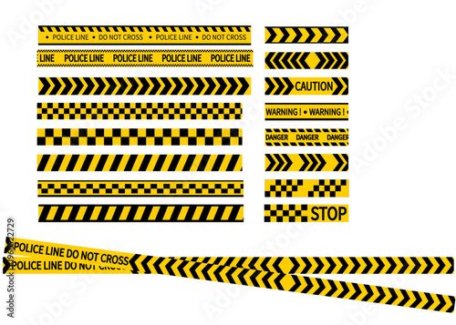 Yellow and Black Warning Tape Designs, Police Line and Do Not Cross ribbons., Caution, Danger, and Stop warning messages, Crime line tape, Police danger caution, Standard security tape for crime scene